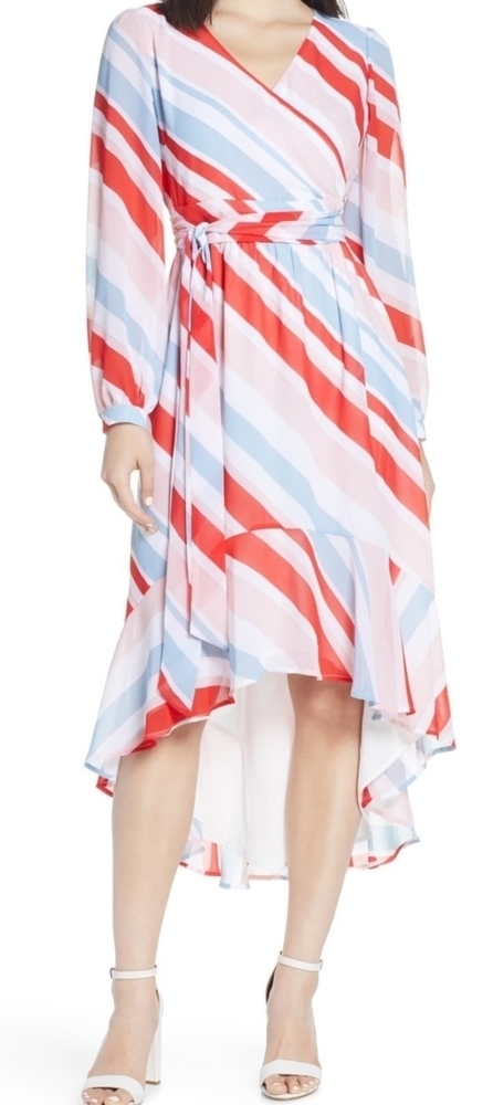 High/low long sleeve Faux wrap dress